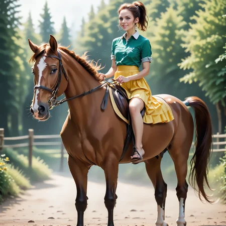 score_9, score_8_up, score_7_up, BREAK, RiHorse, half_front_view++ (slim 25yo female) riding a galloping horse. The female wears yellow short skirt and green shirt. The female has short brunette ponytail <lora:RideHorsePony:.8>