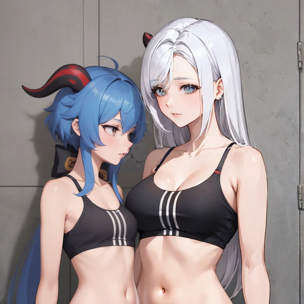IncrsMediumSupportMeme, multiple girls, 2girls, navel, black sports bra, <lora:MediumSupportMemeV2:0.5>,
BREAK, Ganyu\(genshin impact\), bangs, bell, blue hair, horns, long hair, neck bell, worried, reigganyuincrs, <lora:Ganyu:0.5>,
BREAK, Shenhe \(genshin impact\), Shenhe:1.2, white hair, <lora:Char_GenshinImpact_Shenhe:0.6>,