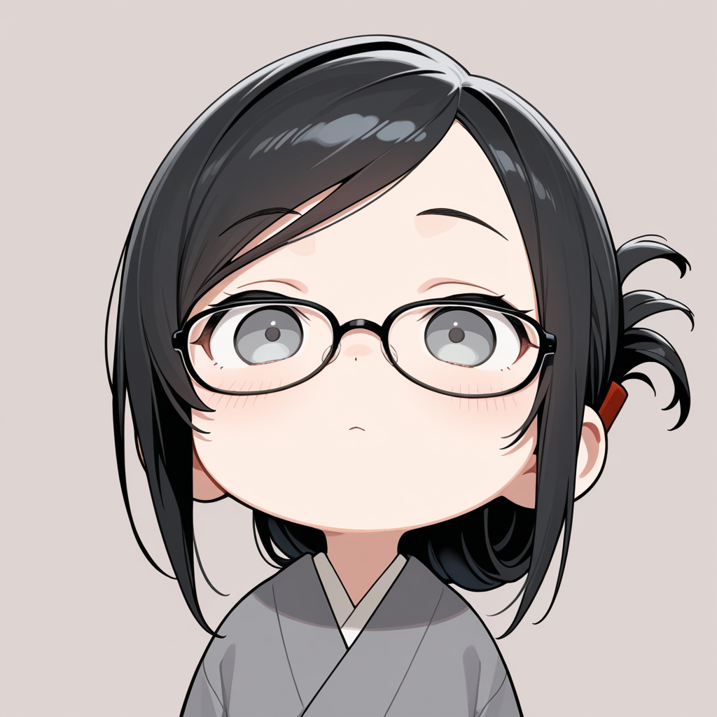 masterpiece,best quality,amazing quality, 1girl, chibi only, black hair, folded ponytail, swept bangs, glasses, gray eyes, simple background