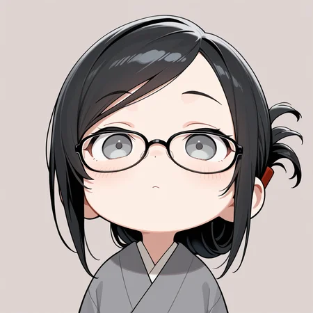 masterpiece,best quality,amazing quality, 1girl, chibi only, black hair, folded ponytail, swept bangs, glasses, gray eyes, simple background