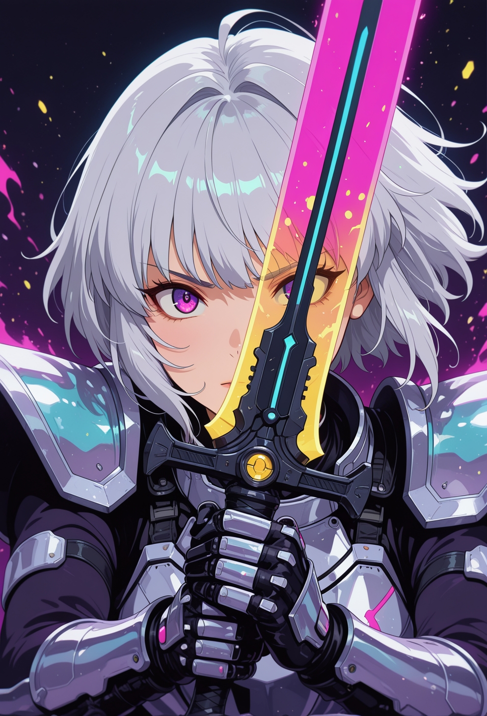 <lora:ck-nc-cyberpunk-IL-000011:0.35>,  masterpiece, best quality, good quality, very aesthetic, absurdres, newest, 8K, depth of field, focused subject, close-up shot, wabi sabi warrior dressed in holographic armor, neon color splash, battle stance, holding a futuristic battle scared sword, fierce look, she's got silver platinum hair and an otherworldly aura around her, studio anime
in the style of cknc, in the style of ck-rw
<lora:MoriiMee_Gothic_Niji_Style_Illustrious_r1:0.5>
<lora:ck-neon-retrowave-IL:0.55>
<lora:ck-shadow-circuit-IL:0.65>