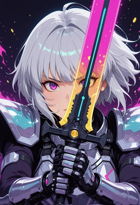 <lora:ck-nc-cyberpunk-IL-000011:0.35>,  masterpiece, best quality, good quality, very aesthetic, absurdres, newest, 8K, depth of field, focused subject, close-up shot, wabi sabi warrior dressed in holographic armor, neon color splash, battle stance, holding a futuristic battle scared sword, fierce look, she's got silver platinum hair and an otherworldly aura around her, studio anime
in the style of cknc, in the style of ck-rw
<lora:MoriiMee_Gothic_Niji_Style_Illustrious_r1:0.5>
<lora:ck-neon-retrowave-IL:0.55>
<lora:ck-shadow-circuit-IL:0.65>