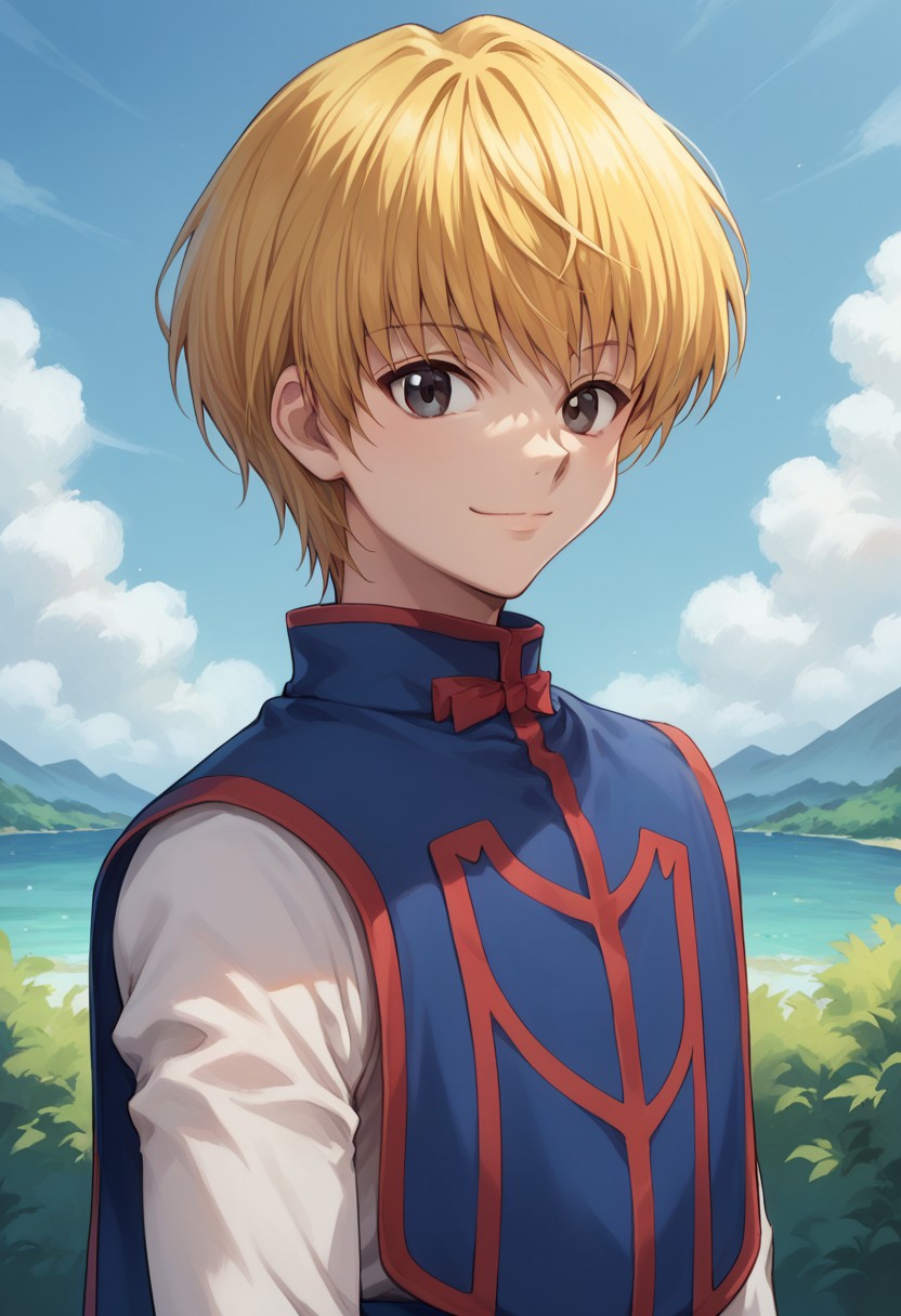 score_9, score_8_up, score_7_up, source_anime, highly detailed, 
kurapika, 1boy, male focus, solo, blonde hair, short hair, bangs, black eyes, tabard, blue and red tabard, upper body, smile, looking at viewer, portrait, closed mouth,
outdoor,