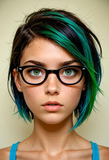 score_9, score_8_up, score_8, Photorealistic, real photo, void background, god rays, 1girl, 20 years old woman,  (masterpiece),(Realistic photo),(sharp focus),(High quality),(RAW photo 8k),(Photograph),Ultra detailed realistic skin texture), (realistic skin pores), realistic, 1girl, cute perfect face, realistic, 1girl, inocent face,  black hair, two tone hair, green hair, pixie hair cut, square frame glasses, tan skin, green eyes, cross eyed, freckles, blush,  pouty lips, big round eyes, tan skin, Narrow shoulders, (disappointed,unimpressed)
