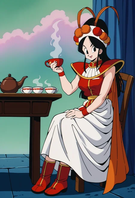score_9,score_8_up,score_7_up,score_6_up, BREAK annin, retro artstyle, 1girl, solo, black hair, black eyes, medium breasts, red vest, white skirt, red shoulder armor, white headband, pom pom \(clothes\),fake antennae,red cape,looking at viewer,, blue cliff,blue wall, fog, sitting,on chair,table, holding cup, pastry,red pelvic curtain,orange antennae, red boots,blue ground,tea,food,(from side:0.7) <lora:AnninPony:1>