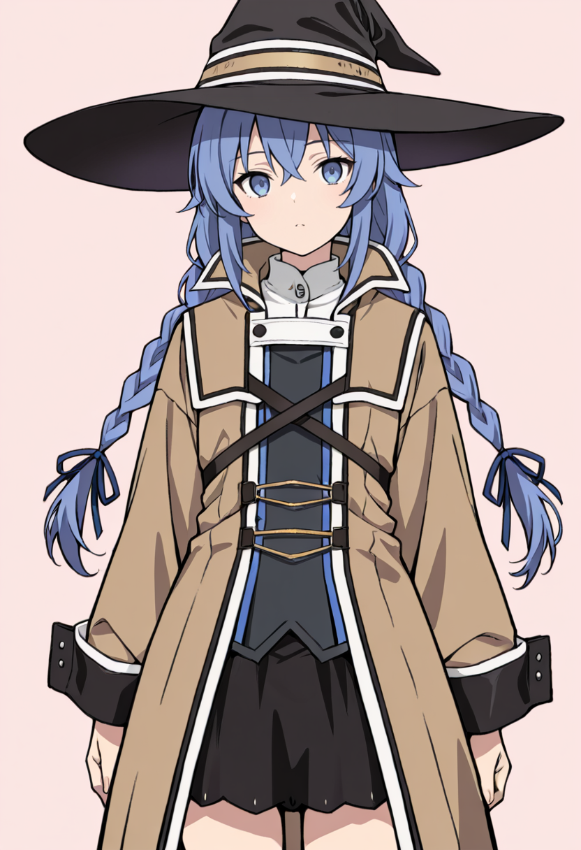 masterpiece, best quality,
1girl, solo, cowboy shot,
standing,
looking at viewer,
<lora:Roxy_Migurdia:1> r0x1m1g0rd14, blue hair, long hair, twin braids, blue eyes, hair ribbon, hair between eyes, 
witch hat, long sleeves, black skirt, coat, 
simple background, pink background,