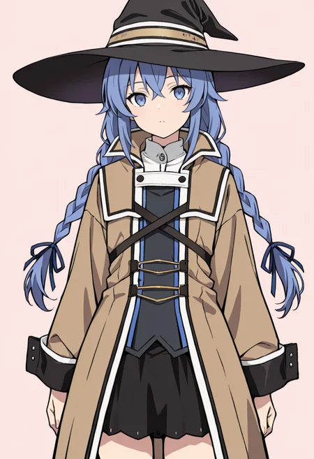 masterpiece, best quality,
1girl, solo, cowboy shot,
standing,
looking at viewer,
<lora:Roxy_Migurdia:1> r0x1m1g0rd14, blue hair, long hair, twin braids, blue eyes, hair ribbon, hair between eyes,
witch hat, long sleeves, black skirt, coat,
simple background, pink background,