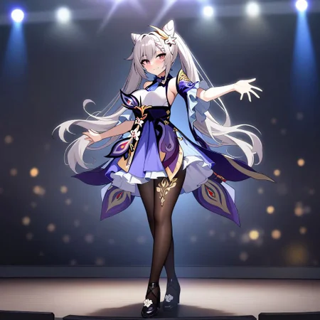 [high quality, best quality], 1girl, solo, full body, keqing \(genshin impact\) watson cross, <lora:watson_cross-000021:0.64>, smile, blush, fancy black dress, black pantyhose, on stage, bloom, hdr
