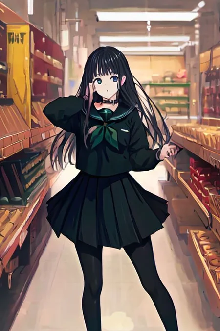 Rinne byuakuya, long hair, black hair, black eyes, small breasts, black serafuku, green necktie, black skirt, pantyhose