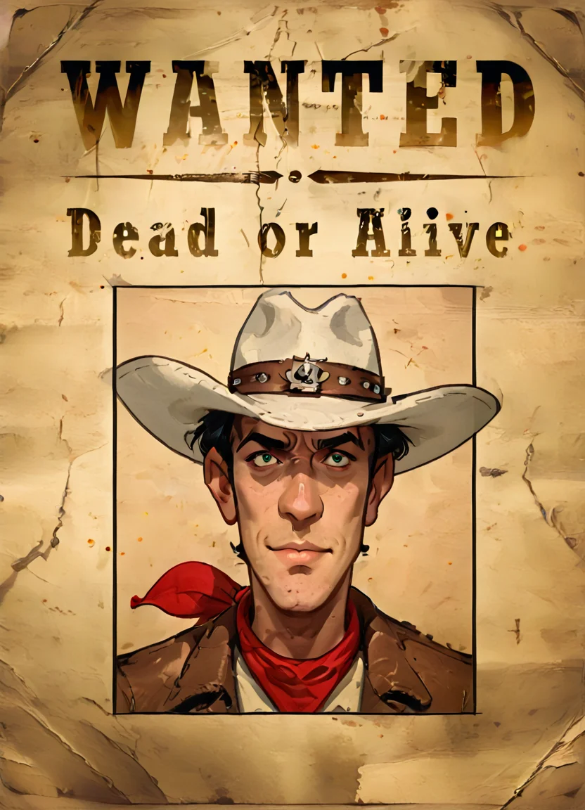 wantedposter of ((luckyluke)), white cowboy hat, black hair, red bandana, portrait,
<lora:Wanted-Poster:0.85> <lora:LuckyLukePony:0.8>