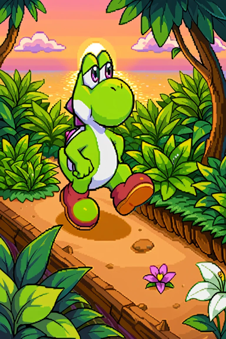 highres, high resolution, good quality, high quality,score_9, score_8, good anatomy, score_8_up, score_7_up, ((tetris attack style:1, pixel art:1, thick outlines:1, bold outlines:1)), solo, no humans,, full body, male focus,1boy, yoshi, dynamic angle, yoshi from super mario, nature, trees, rocks, lake, flowers, sunset, standing, walking, serious, explorer hat, bushes, ((jungle, dense jungle))