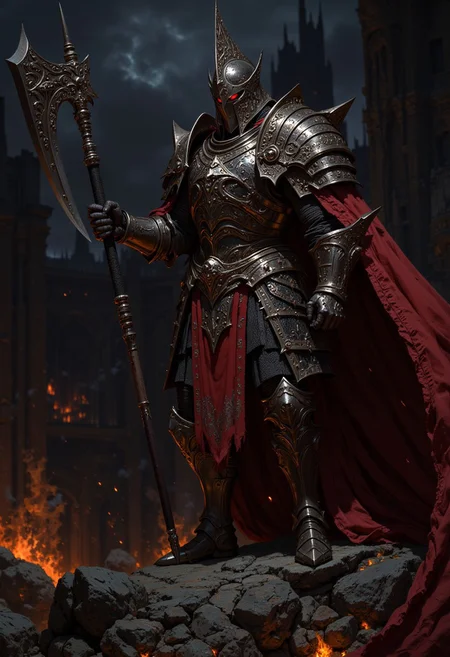 a medieval knight in full armor. The style is dark and dramatic, with a focus on the intricate details of the armor, which is metallic and reflective, showing signs of wear and battle. The knight is positioned dynamically, holding a large double axe in a combat-ready stance. The armor includes a helmet with a visor, obscuring the face, glowing red eyes, and chainmail visible at the joints. The background is a dark, smoky environment with glowing embers and sparks, enhancing the intense and action-oriented atmosphere. The color palette is dominated by dark grays and blacks, with highlights of red from a tattered cape flowing behind the knight. <lora:FluxMythP0rtr4itStyle:0.6> <lora:flux.1_lora_flyway_Epic-Characters_v1:0.6> <lora:Elden_Ring_-_Yoshitaka_Amano:0.33>