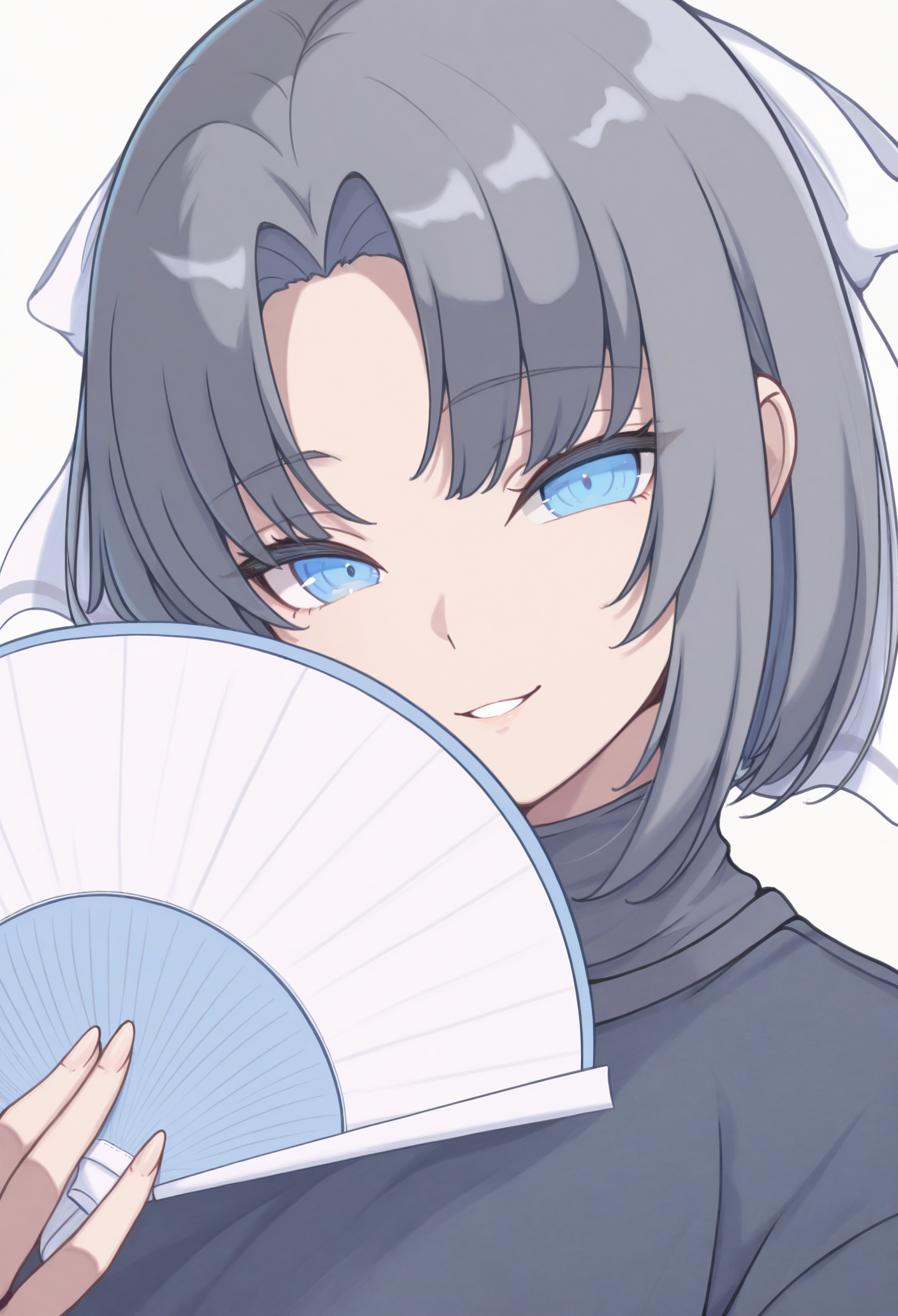 1girl, solo, white background, smile, looking at viewer, portrait, sweater, holding fan, 
blue eyes, grey hair, short hair, parted bangs, hair bow, white bow, 
masterpiece, best quality, <lora:yumi_(senran_kagura)-guy90-Illust-LoraV101:1>, ksyumi