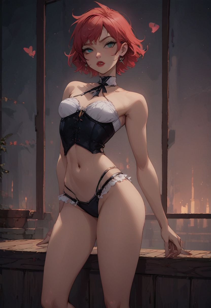 score_9, score_8_up, score_7_up, pinup girl pose, Expressiveh, a sexy girl in a tight underbust corset, black corset with green stitching, green eyes, tiny skimpy panties, tiny mini lace tutu, bright red lipstick, girly sexy skimpy outfit, white bra, girly decorations, meduim breasts, perfect face, long and slender body, long legs, semi realistic, floating neon hearts, window leaking morning light, diffused window, cinematic lighting, volumetric lighting, light red hair, short hair, pale skin, clothes decorated with card suits,
