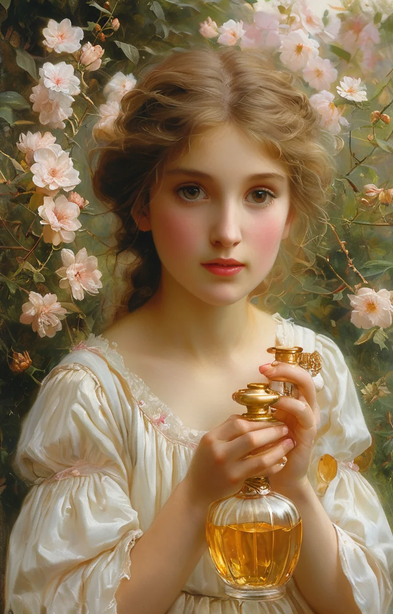masterpiece,best quality,<lora:tbh202-sdxl:0.9>,illustration,style of william bouguereau A bottle of perfume in garden