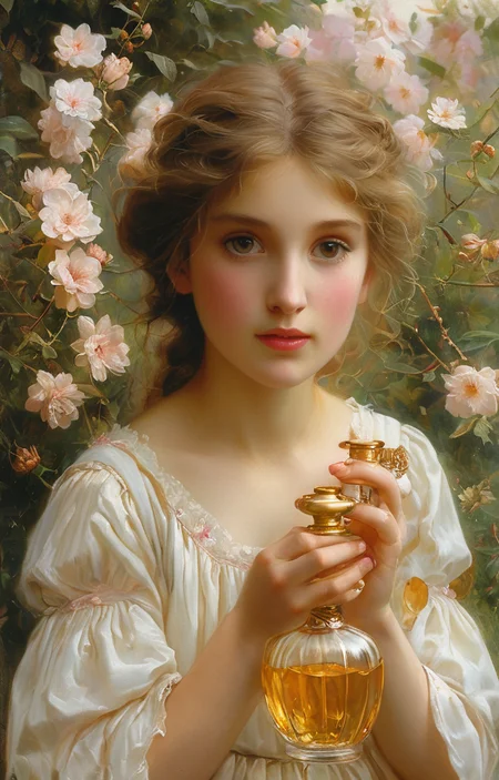 masterpiece,best quality,<lora:tbh202-sdxl:0.9>,illustration,style of william bouguereau A bottle of perfume in garden