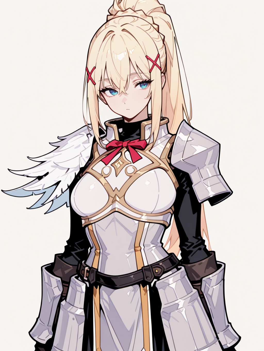 perfect quality,high quality,masterpiece,best quality,amazing quality,very aesthetic,absurdres,newest,
front view,full_shot,
DustinessCYQL,1girl,solo,blonde hair,long hair,ponytail,braid,hair between eyes,blue eyes,hair ornament,x hair ornament,armor,armored dress,shoulder armor,gloves,black gloves,breasts,dress,breastplate,
full body,standing,waving,,
lightgray background,simple background,
<lora:NoctFlatStyleIllustrious:1>,abstract,flat color,muted color,<lora:745cmSDXLvpred75S:0.6>,748cmstyle,<lora:wl-illV1:0.8>,<lora:lora-000004.by_tusi:1>,