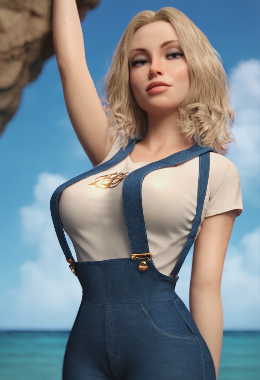score_9, score_8_up, score_7_up, 1girl, large_breasts, mature_female, portrait, solo, looking_at_viewer, open_eyes, Leaning with back against an invisible wall, from_below, (Alice blue Pinafore), spiked hair, Eton crop, Dirty Blonde hair, ocean, group_profile, rating_safe, <lora:pony\artist_styles\yv0751_pony:1.0>