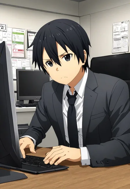 high resolution, solo, best quality, 1Boy, Kazuto Kirigaya, Black Hair, Black Eyes, suit, worklife, workspace, OverallDetail