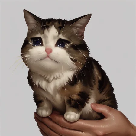 score_9, score_8_up, score_7_up,score_6_up, score_3, score_5, score_4,
sad cat meme, holding, animal focus, cat, realistic, animal, simple background, whiskers, grey background,score_9
,animal,sad,cry,tears,
<lora:sad_cat_pony27:0.8>