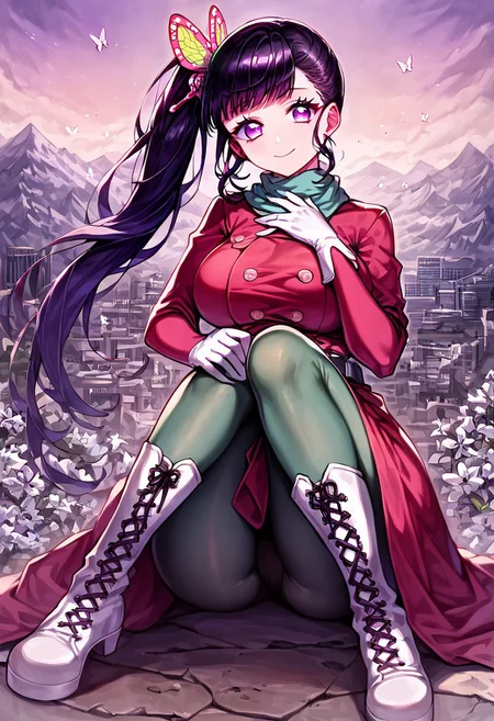 gorgeous lips, cinematic, (masterpiece), (best quality), (ultra-detailed), very aesthetic, perfect composition, intricate details, absurdres, detailed face, (anime, masterpiece, intricate:1.3), (best quality, hires textures, high detail:1.2), score_9, score_8_up, score_7_up, source_anime, 1girl, kanao tsuyuri, black hair, pink highlights, butterfly, butterfly hair ornament, purple eyes, long hair, side ponytail, ponytail, eyelashes, hair ornament, scarf, dress, red dress, long sleeves, buttons, gloves, white gloves, belt, pantyhose, green pantyhose, laced heel boots, white footwear, skirt, flower patterns, alternate_costume, enormous breasts, facial expression, kind, soft eyes, head tilt, slightly smiling, closed mouth, hand on breasts, goddess, building size, giantess, growing even bigger, sitting on the city floor, hugging knees, gradient eyes, beautiful detailed eyes, city background, mountain landscape, city, mountain, building, skyscrapers, in the middle of the city, (masterpiece:1.4), (best quality:1.4), (ultra-detailed:1.2), gl0w, glow,