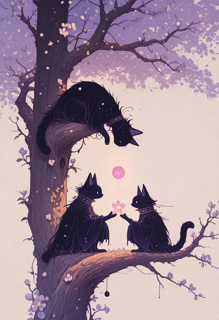 Studio Ghibli Dark Fairytale, masterpiece, best quality, absurdres, cats sitting on a tree branch, facing each other in an intimate and harmonious pose. The left cat is black, while the right cat is white, creating a striking contrast. They are surrounded by delicate, blooming branches with small flowers, adding a serene and romantic atmosphere. The background is softly blurred, focusing the viewer's attention on the cats and their interaction. The lighting is soft, emphasizing the texture of their fur and the gentle ambiance of the scene. pink heart in front of them, white sphere in the background, h4ra_illu, momosp