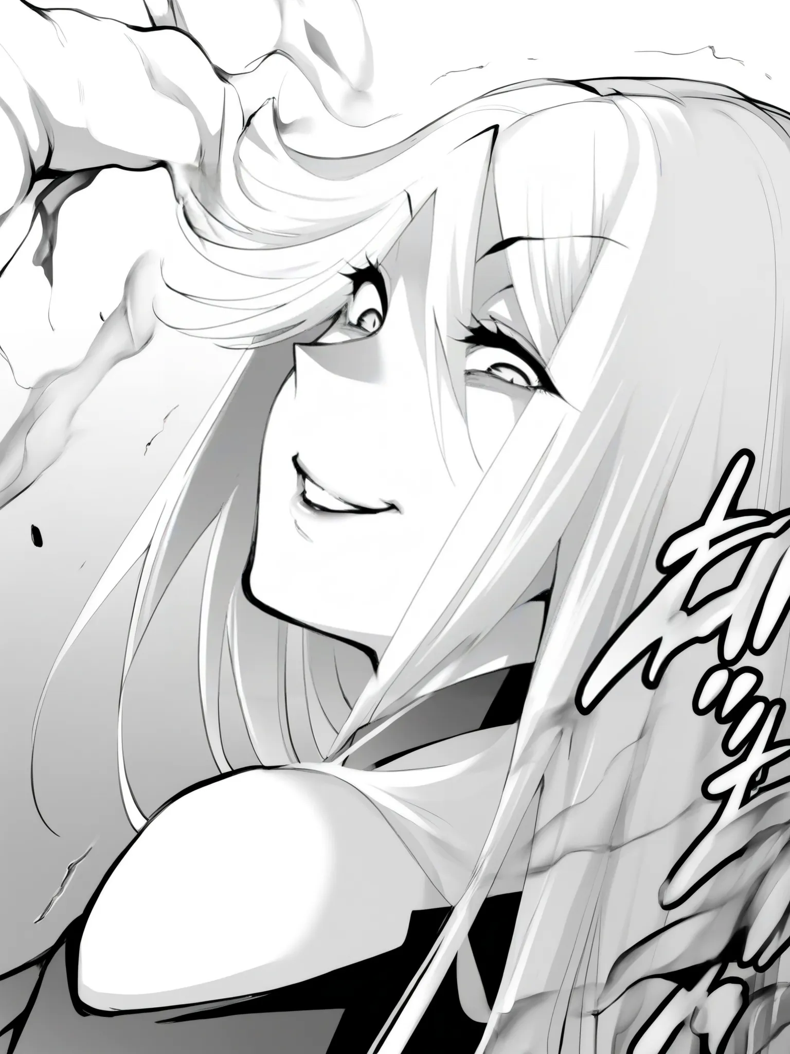 masterpiece, best quality,amazing quality, solo female, solo focus,
 <lora:パラダイスヘル_Manga_Character_Illustrious:1>,mangafemale1, monochrome, greyscale, hair between eyes, long hair, choker, swept bangs, evil smile, 1girl, standing, looking back at viewer,