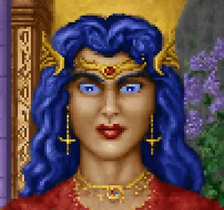 cinematic still Original HoMM2 style portrait of an elven sorceress with blue wavy hair, wearing a golden headpiece in the shape of wings with a red gem at the center. She has pointy ears, blue eyes, and red lips. The woman is adorned with gold earrings and a necklace. She wears a red dress with yellow stitching. The background includes a column with blue runes and a lilac bush, suggesting foliage or a garden setting . emotional, harmonious, vignette, 4k epic detailed, shot on kodak, 35mm photo, sharp focus, high budget, cinemascope, moody, epic, gorgeous, film grain, grainy, Original HoMM2 style portrait of an elven sorceress with blue wavy hair, wearing a golden headpiece in the shape of wings with a red gem at the center. She has pointy ears, blue eyes, and red lips. The woman is adorned with gold earrings and a necklace. She wears a red dress with yellow stitching. The background includes a column with blue runes and a lilac bush, suggesting foliage or a garden setting, solid deep focus, intricate, elegant, highly detailed, very creative, lush, color, illuminated colors, inspired, rich vibrant complex stunning breathtaking fine detail, enhanced quality, extremely aesthetic, atmosphere, perfect composition, symmetry, unique, best, ambient light, full clear professional, spectacular, exceptional