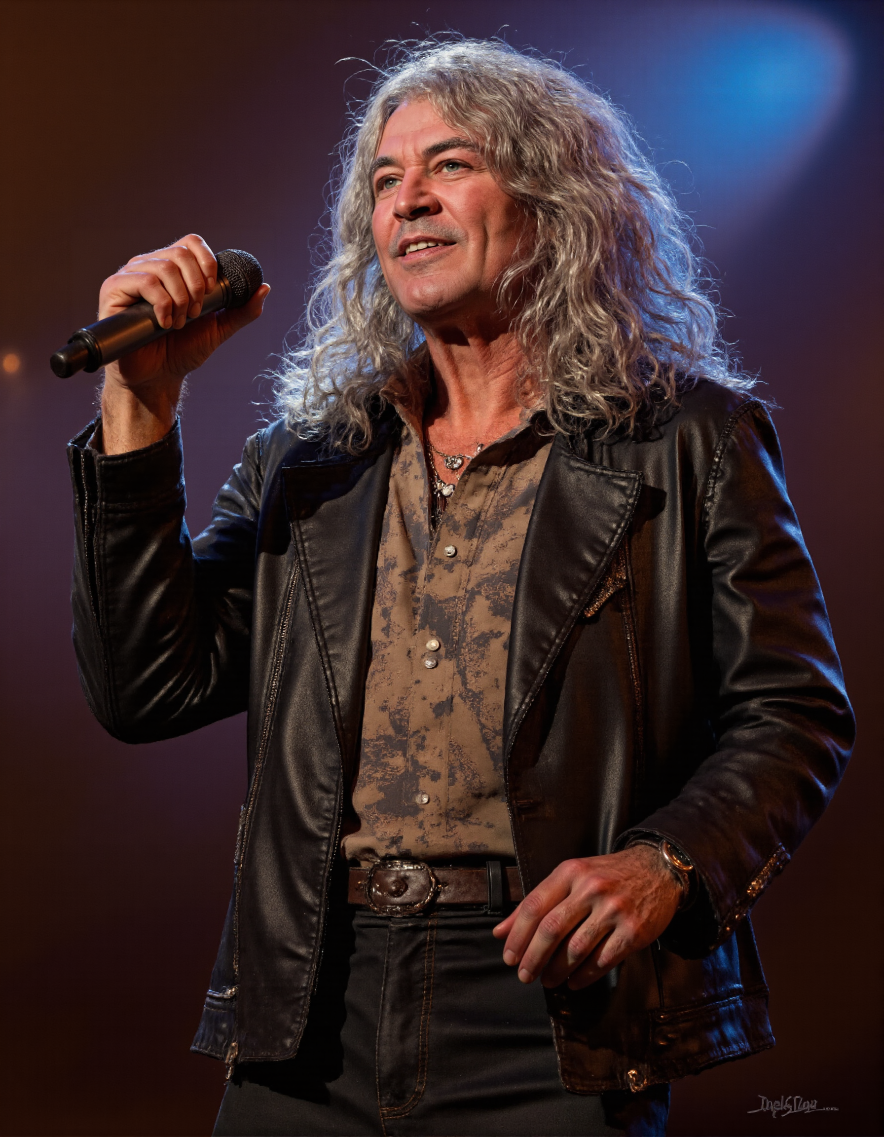 Create a highly detailed, photorealistic yet artistic portrait of Ian Gillan, the legendary vocalist of Deep Purple, depicted in his later years. The portrait should capture his mature features: a weathered yet expressive face with deep-set eyes that radiate wisdom, experience, and the soulful intensity of a lifelong performer. Include his signature long, flowing hair (now silver or gray), which retains its rockstar flair, and his characteristic facial features, such as prominent cheekbones and a warm, slightly rugged smile. His expression should convey both resilience and kindness, reflecting his enduring passion for music and connection with fans., 
Dress him in attire that reflects his classic rock style, such as a sleek leather jacket, a casual shirt (perhaps unbuttoned), and dark jeans, symbolizing his timeless appeal as a rock icon. Pose him in a relaxed yet commanding manner, perhaps holding a microphone or standing confidently with one hand raised, evoking his dynamic stage presence and powerful vocal delivery., 
The mood of the artwork should be reflective yet energetic, evoking the spirit of a man who has lived a life of music, adventure, and introspection. Use soft, diffused lighting to highlight his features, with subtle shadows emphasizing the texture of his skin and hair. Incorporate symbolic elements in the background or composition, such as faint silhouettes of concert stages, swirling spotlights, or lyrics from iconic songs like Smoke on the Water or Child in Time, to allude to his legendary career. A faint haze or glowing aura could evoke the raw energy of live performances and the enduring legacy of his voice., 
Style: A blend of hyperrealism and impressionistic touches, inspired by the works of artists who capture the essence of musicians in their later years. Use a rich color palette dominated by warm, earthy tones (browns, grays, and golds) contrasted with vibrant accents (deep purples, electric blues) to create a sense of balance between maturity and vibrancy. Ensure the composition feels harmonious and immersive, inviting viewers to feel the depth of Ian Gillanâs journey as a rock legend and storyteller, <lora:IAN_GILLAN:1>