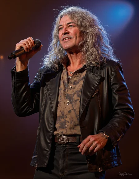 Create a highly detailed, photorealistic yet artistic portrait of Ian Gillan, the legendary vocalist of Deep Purple, depicted in his later years. The portrait should capture his mature features: a weathered yet expressive face with deep-set eyes that radiate wisdom, experience, and the soulful intensity of a lifelong performer. Include his signature long, flowing hair (now silver or gray), which retains its rockstar flair, and his characteristic facial features, such as prominent cheekbones and a warm, slightly rugged smile. His expression should convey both resilience and kindness, reflecting his enduring passion for music and connection with fans., 
Dress him in attire that reflects his classic rock style, such as a sleek leather jacket, a casual shirt (perhaps unbuttoned), and dark jeans, symbolizing his timeless appeal as a rock icon. Pose him in a relaxed yet commanding manner, perhaps holding a microphone or standing confidently with one hand raised, evoking his dynamic stage presence and powerful vocal delivery., 
The mood of the artwork should be reflective yet energetic, evoking the spirit of a man who has lived a life of music, adventure, and introspection. Use soft, diffused lighting to highlight his features, with subtle shadows emphasizing the texture of his skin and hair. Incorporate symbolic elements in the background or composition, such as faint silhouettes of concert stages, swirling spotlights, or lyrics from iconic songs like Smoke on the Water or Child in Time, to allude to his legendary career. A faint haze or glowing aura could evoke the raw energy of live performances and the enduring legacy of his voice., 
Style: A blend of hyperrealism and impressionistic touches, inspired by the works of artists who capture the essence of musicians in their later years. Use a rich color palette dominated by warm, earthy tones (browns, grays, and golds) contrasted with vibrant accents (deep purples, electric blues) to create a sense of balance between maturity and vibrancy. Ensure the composition feels harmonious and immersive, inviting viewers to feel the depth of Ian Gillanâs journey as a rock legend and storyteller, <lora:IAN_GILLAN:1>