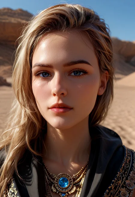 Sexy beauty 1girl 28 years old, ((full shots)), Helena, ((solo:1.4)), standing on a dune, looking into the distance, thick light hair fluttering, eyes glowing with blue neon, dark cape with a hood, somewhere in the desert of the planet Arrakis (Dune, Rakis planet), two suns rising on the horizon, a sandstorm is approaching, ether is visible above the surface of the sands - a pale neon pink spice in the form of vapors, view from the side, high detail of clothing, spherical desert lens flare reflection a girls standing in the desert, (beautiful face:1.3), hdr, raw filter, natural light, perfect composition, hyper realistic, blurred background, (dynamic shadows), overall detail, expressiveh, dynamic lighting, cinematic take, real life photo, raw, amateur, photo, photorealistic, ultra detail, masterpiece, best quality, highres, realistic, epic composition, highly detailed skin, skin texture, pores, fine hairs on the skin, ((clear eye lines)), ((pupil)), ((eyelashes)), ((eyebrows)), (normal composition, no glare, no highlights), 8k, high quality