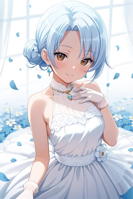 masterpiece, best quality, amazing quality,
<lora:Shiro_IL:1> shiro, 1girl, dress, solo, gloves, flower, white gloves, hair bun, white dress, looking at viewer, jewelry, brown eyes, blue hair, smile, blush, sleeveless dress, necklace, sleeveless, petals