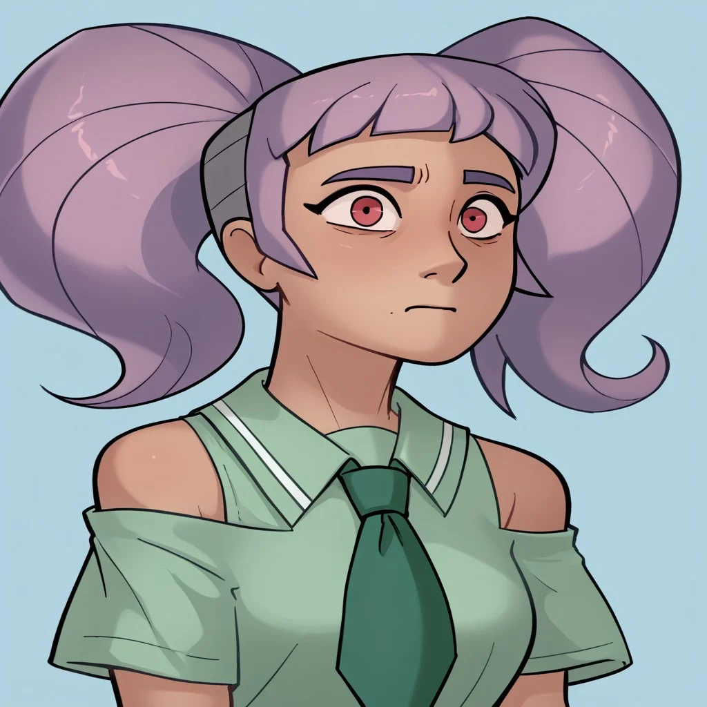 score_9, score_8_up, score_7_up, relatedguy, bust shot, solo, bare shoulders, CHEntrapta, simple background, one colour background, light blue background, Guilty, Downcast eyes, slumped shoulders, and a slightly ashamed expression, School Uniform, Green Tie, Green Collar Shirt, Skirt, Pleated Skirt, Short Sleeves, Long Socks,
