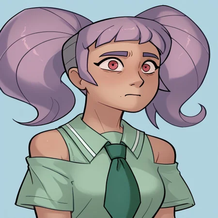 score_9, score_8_up, score_7_up, relatedguy, bust shot, solo, bare shoulders, CHEntrapta, simple background, one colour background, light blue background, Guilty, Downcast eyes, slumped shoulders, and a slightly ashamed expression, School Uniform, Green Tie, Green Collar Shirt, Skirt, Pleated Skirt, Short Sleeves, Long Socks,