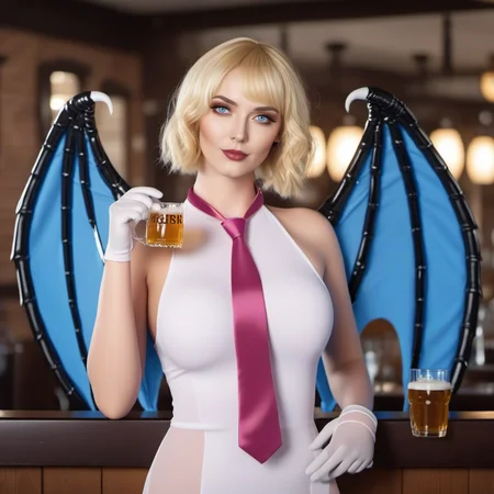 cinematic photo a full body woman, short blonde hair, blue eyes, gloves, necktie, wings, large breast, fishnet, having a beer in a pub <lora:Stussy1024:0.8> . 35mm photograph, film, bokeh, professional, 4k, highly detailed