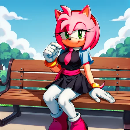 score_9, score_8_up, score_7_up, score_6_up, score_5_up, score_4_up, BREAK, <lora:amyrosesonicxoutfit:1>, arsonicxoutift, black dress, short dress, white pantyhose, pink necktie, pink sash, short sleeves, outside, pink boots, animal ears, amy rose, 1girl, animal nose, furry female, pink fur, pink hair, green eyes, solo, furry, outside, trees, clouds, detailed, white gloves, medium breasts, looking at viewer, smile, <lora:Amy_Rose:1> <lora:BoldCAT_P3:1>, sitting on bench,
