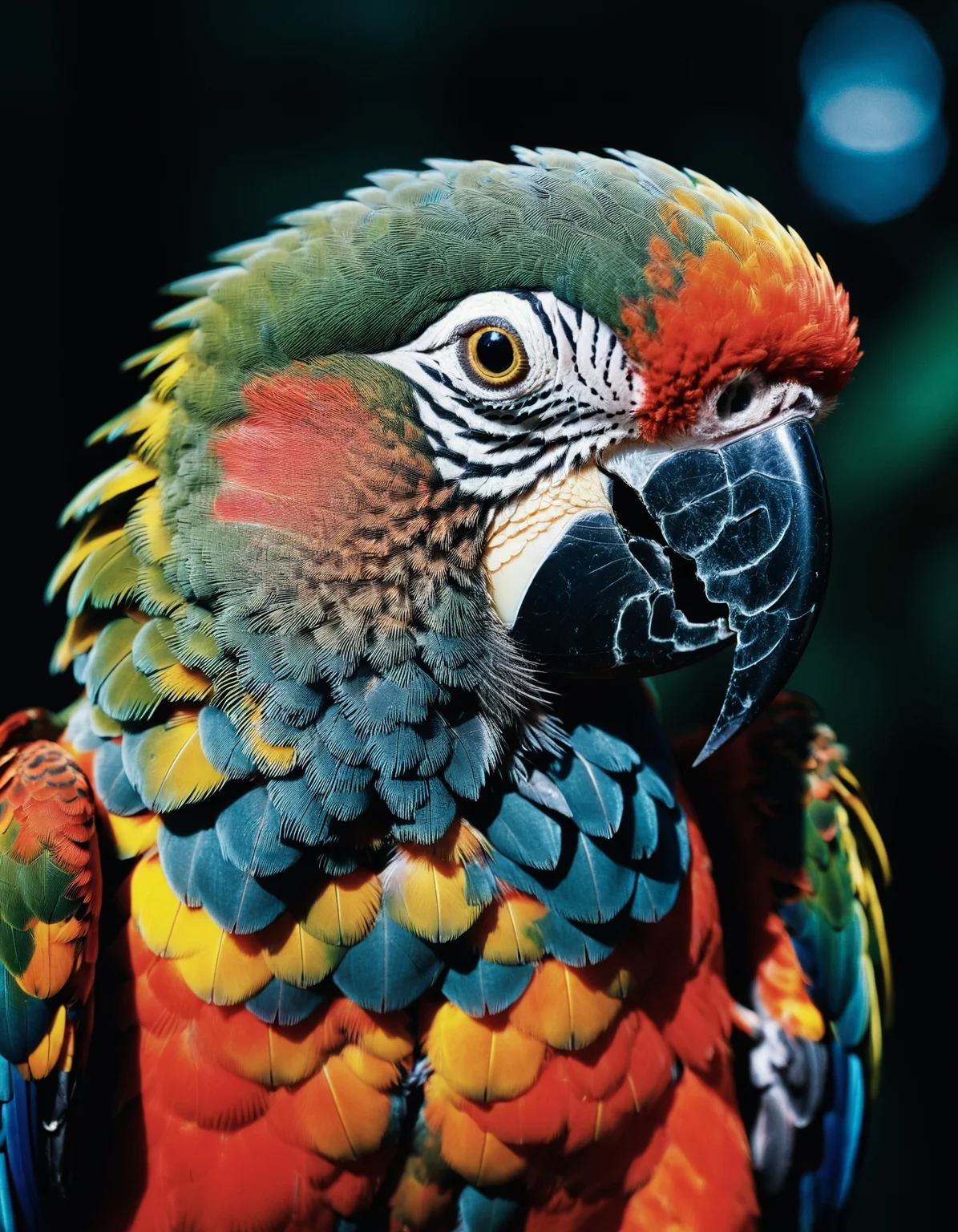 macro shot, cinematic photo of parrot, colorful, dark shot, film grain, extremely detailed