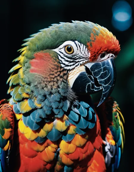 macro shot, cinematic photo of parrot, colorful, dark shot, film grain, extremely detailed