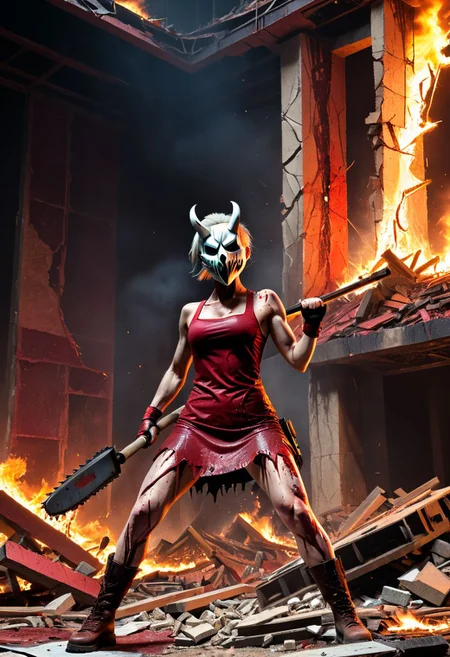 crmu, vengeful crazy lady , wielding a bulky double handed sword  with chainsaw teeth,  (muscular), bulky body, slashes, linen torn (red Alex_the_terrible_mask covering) face, mask, horns, skimpy, (scars), white short hair, dynamic pose, standing on top of gothic rubble, futuristic battlefield  background, (intricate details:1.12), hdr, (intricate details, hyperdetailed:1.15), wearing only red bra and torn leather linen scraps, (scarred) body, religious paper scraps randomly attached to her, dirty, bloody, darkness, (lit only by fires), dynamic action pose, by alena aenami, by rutkowski, (intricate details), (hyperdetailed), 8k hdr, high detailed, lot of details, high quality, soft cinematic light, dramatic atmosphere, atmospheric perspective, dark night, contrast, shadows, dark hopeless atmosphere, BREAK maximum details, 4k, 8k, high quality, highly detailed, armoured boots, warhammer