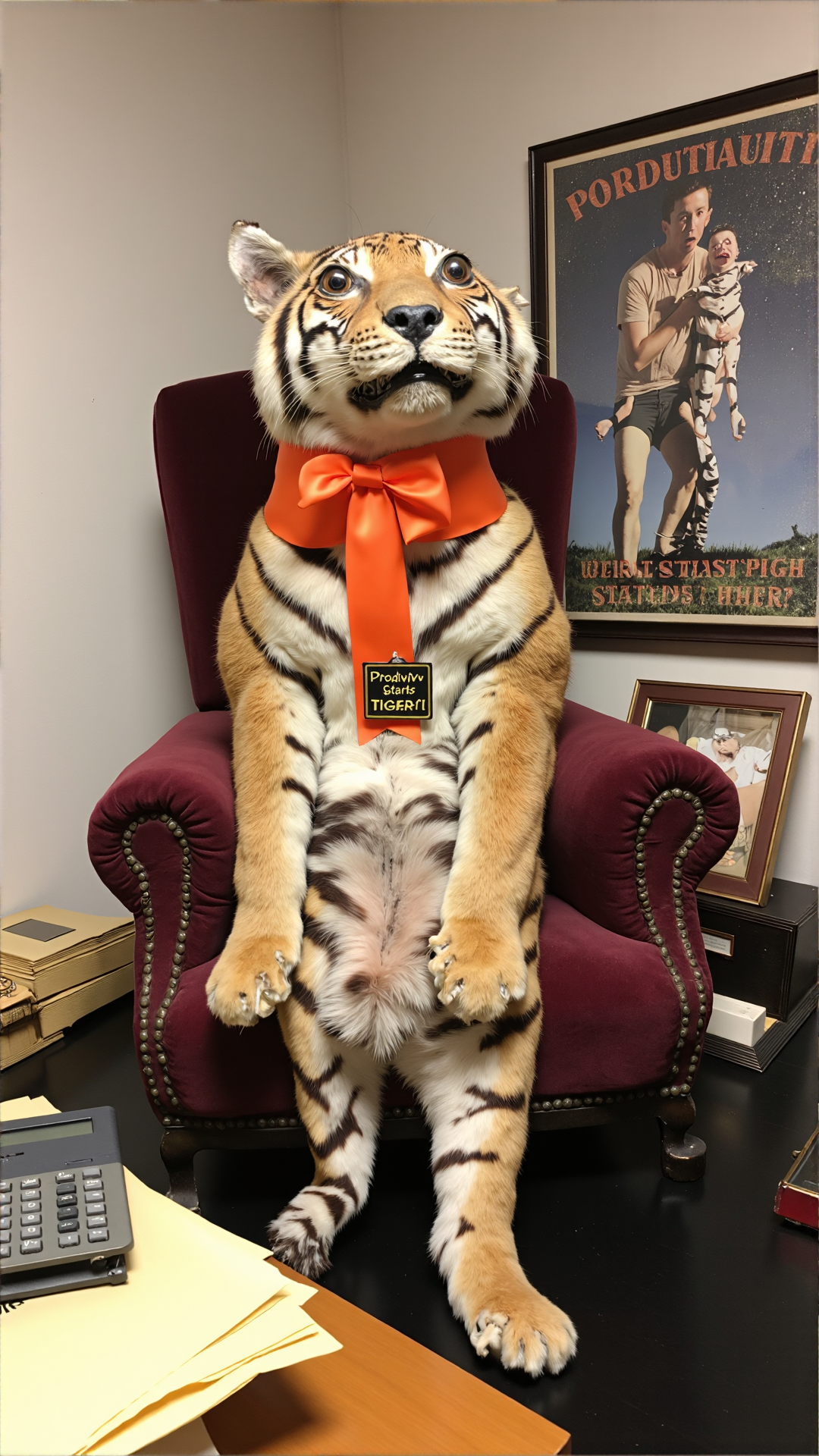 A photo of a badtxdrmy, bad taxidermy, A wonky, taxidermied Siberian tiger sits atop a worn, velvet-draped throne in the center of a dusty, outdated 1970s-style home office. The tiger's glassy eyes stare off in different directions, and its usually majestic whiskers are tangled and uneven. One ear is folded back against its head, while the other stands upright, giving it a perpetually startled expression.
The tiger's fur is matted and lumpy, with visible patches of glue and stitching where attempts have been made to repair it. A garish, bright orange ribbon is tied around its neck, complete with a shiny, novelty "World's Okayest Tiger" name tag dangling from it.
In the background, a faded motivational poster hangs on the wall, reading "Productivity Starts Here!" in bold, Comic Sans letters. A cluttered, retro-style desk sits in front of the tiger, covered in stacks of yellowed paper, a vintage calculator, and a framed 8x10 photo of a man with a magnificent mustache proudly holding the taxidermied tiger, presumably before its hasty mounting.<lora:BadTaxidermiFlux:1>