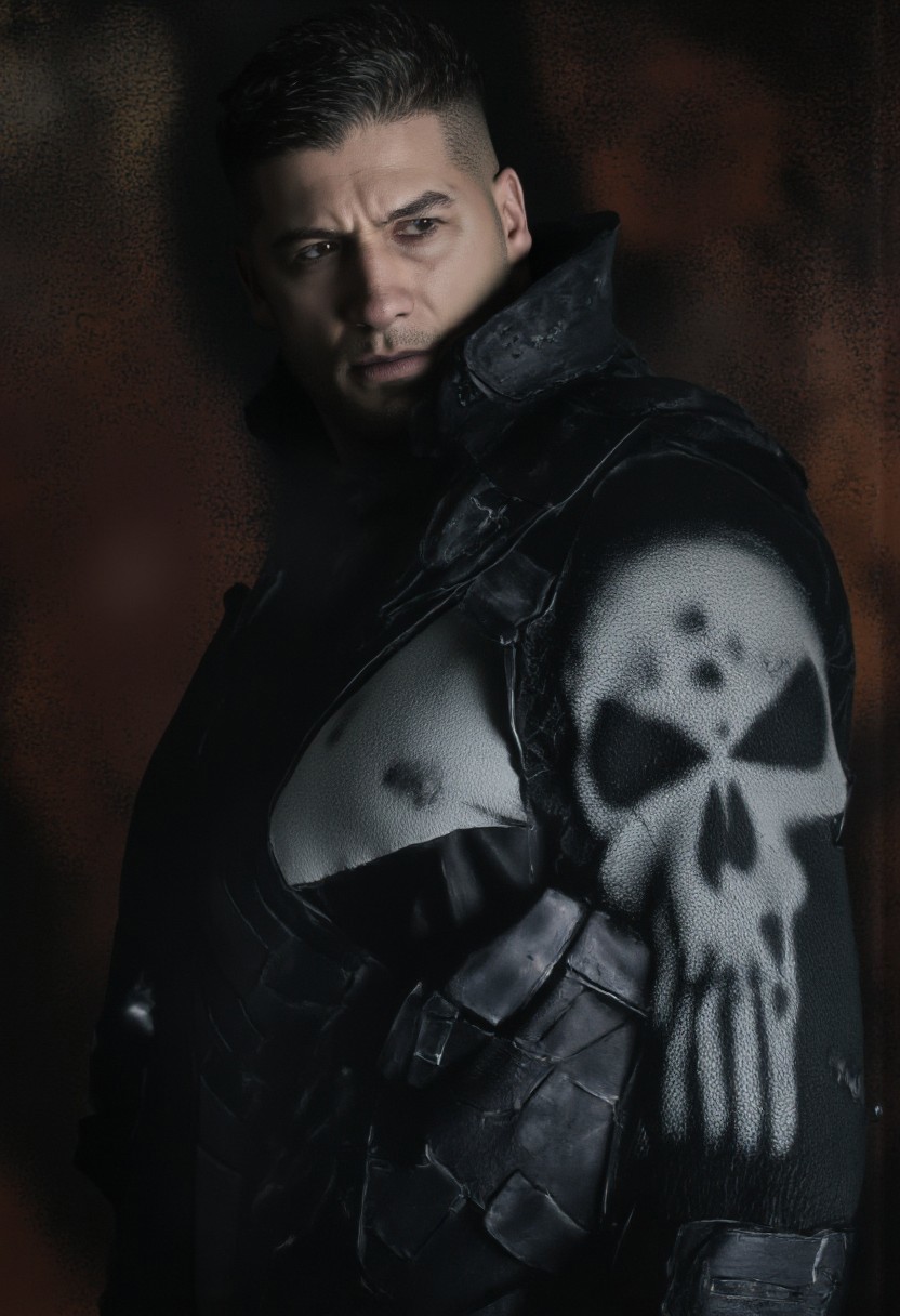 high angle camera view from above and at a distance, realism, perfection style, bosstyle, skin texture style, Photo Quality Frank Castle Male Face with a stubbled Black beard, Caucasion Skin, Chort Black Military style haircut, detailed, facial expression style, High details face, High detailed Eyes, Full Body view, The Punisher Battle Worn White dirty Skull Motif painted on the chest of his Man in Gothic armour, futuristic, Jet Black with Black Trim Exosuit, Heavy Mech, Dynamic Aggressive Combat Pose, Exosuit, Extremely Low V cut top, Power Armor, futuristic, Tactical Futuristic Samurai Sword, Perfect hand, Fighting a Dragon, Heavy Mech, Armor Color Jet Black with Black Trim and a dirty white Skull Motif painted on the chest, Robot, Full body, Ready to strike, futuristic, (off-center composition, left aligned, Portrait),  Detailed hand, battle-worn, Gothic Neon Cyberpunk Night City Cityscape Background, cinematic film still glamorous photo dark art by Rafael Zabaleta, expressionism art by Asger Jorn, vibrant, Abstract expressionism, experimental painting techniques, bold bright colors, dynamic compositions, Expressionism, emotive brushwork, brilliant tones, dramatic lighting, introspective themes. high fashion, luxurious, extravagant, stylish, sensual, opulent, elegance, stunning beauty, professional, high contrast, detailed. shallow depth of field, vignette, highly detailed, high budget, bokeh, cinemascope, moody, epic, gorgeous, film grain, grainy