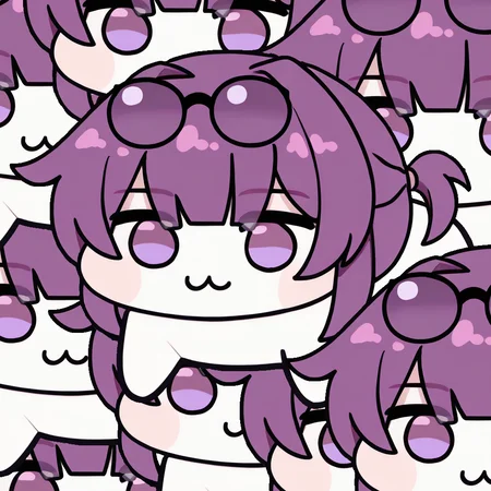 <lora:Doro_X_PDXL_V1:1.0> 9doros, creature, :3, chibi, purple eyes, no humans, white skin, four legs, solid circle eyes, no pupils, <lora:kafkahsr-ponyxl-bshi-v1:1.0> KafkaHSR, pince-nez, eyewear on head, purple hair, sidelocks, short ponytail, purple eyes, empty eyes, simple background,
