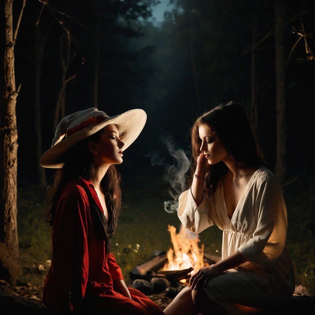 score_9, score_8_up, score_7_up, score_6_up, 2girls, female, african american, long black hair, wearing a white robe and a witch hat, proud BREAK female, european, long white hair, wearing a red robe and a witch hat, eyes closed BREAK both sitting in a dark forest, beside a campfire with colorfull smoke in the air, black cat with wide yellow eyes next to them, mystirial, rating_safe <lora:DRKDL:1>