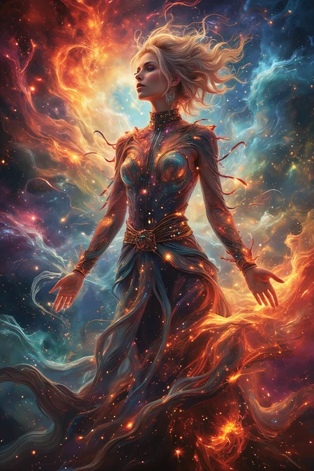 in ARTIST style, masterpiece, female sentient cloud being, wispy form composed of swirling stardust and nebula gas, attire a symphony of celestial bodies galaxies draped like scarves, comets as sashes, rendered in a cosmic abstract style with swirling brushstrokes, wearing unique Avant-garde masterpiece attire and headdress, bathed in the diffused glow of a neutron star, set against the backdrop of a colliding galaxies fiery tendrils of energy weaving between them, Background is Deep space with a churning vortex of color and light, hyperdetailed, intricate details, Refined details, best quality, highly detailed textures, very stylish detailed modern haircut, mesmerizing detailed radiant face, mesmerizing detailed beautiful eyes, (red hybrid orange) neon light,scifi,
<lora:Space-flux:0.8> noc-space,
<lora:aidmaGLOWV4wc:0.6> aidmaGlow,
<lora:edgy_fashionista_flux_ntc_v2:0.5>,
<lora:bokeh_flux_ntc:0.5>,
<lora:detailed_flux_ntc:0.5>