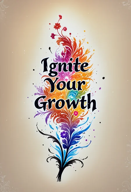 big long brushstrokes of deep black sumi-e turning into symbolic painting of text "Ignite Your Growth" engraved into it, onfire, flower style. master level raw art. best quality, high resolution, shiny, intricate, elegant, highly detailed, sharp focus, clear, beautiful, cinematic, breathtaking, attractive, divine, thought, perfect, colorful, epic, coherent, color, light, fine detail, pretty, focused, amazing, magic, pure, shining, flowing, great, full