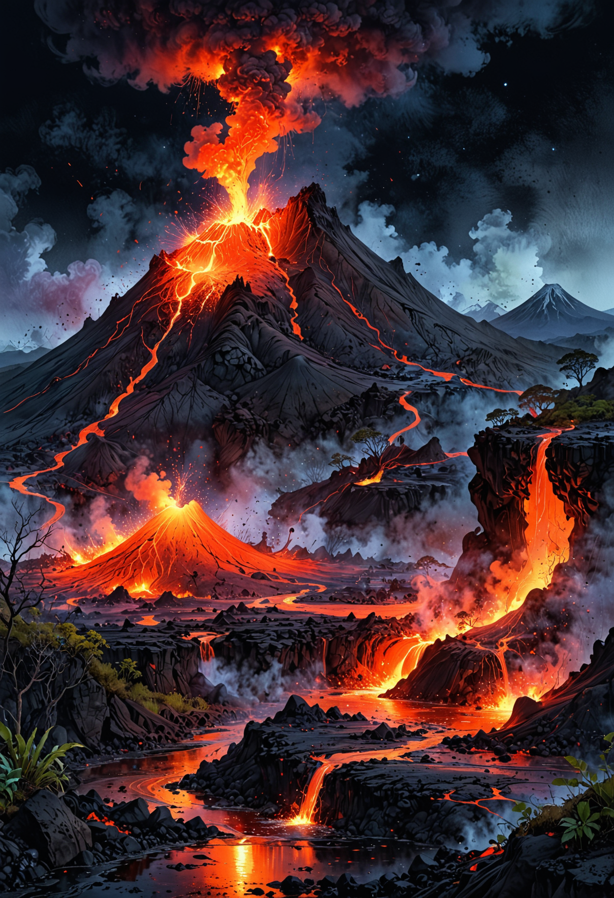 mystical land, watercolor, magical, dreams, fantasy, double exposure, tiny details,extremely detailed, volcano eruption, flowing lava, midnight, full moon, Vibration colors, 4K, main motif in the picture on the right    <lora:EpicF4nta5yXL:0.8>