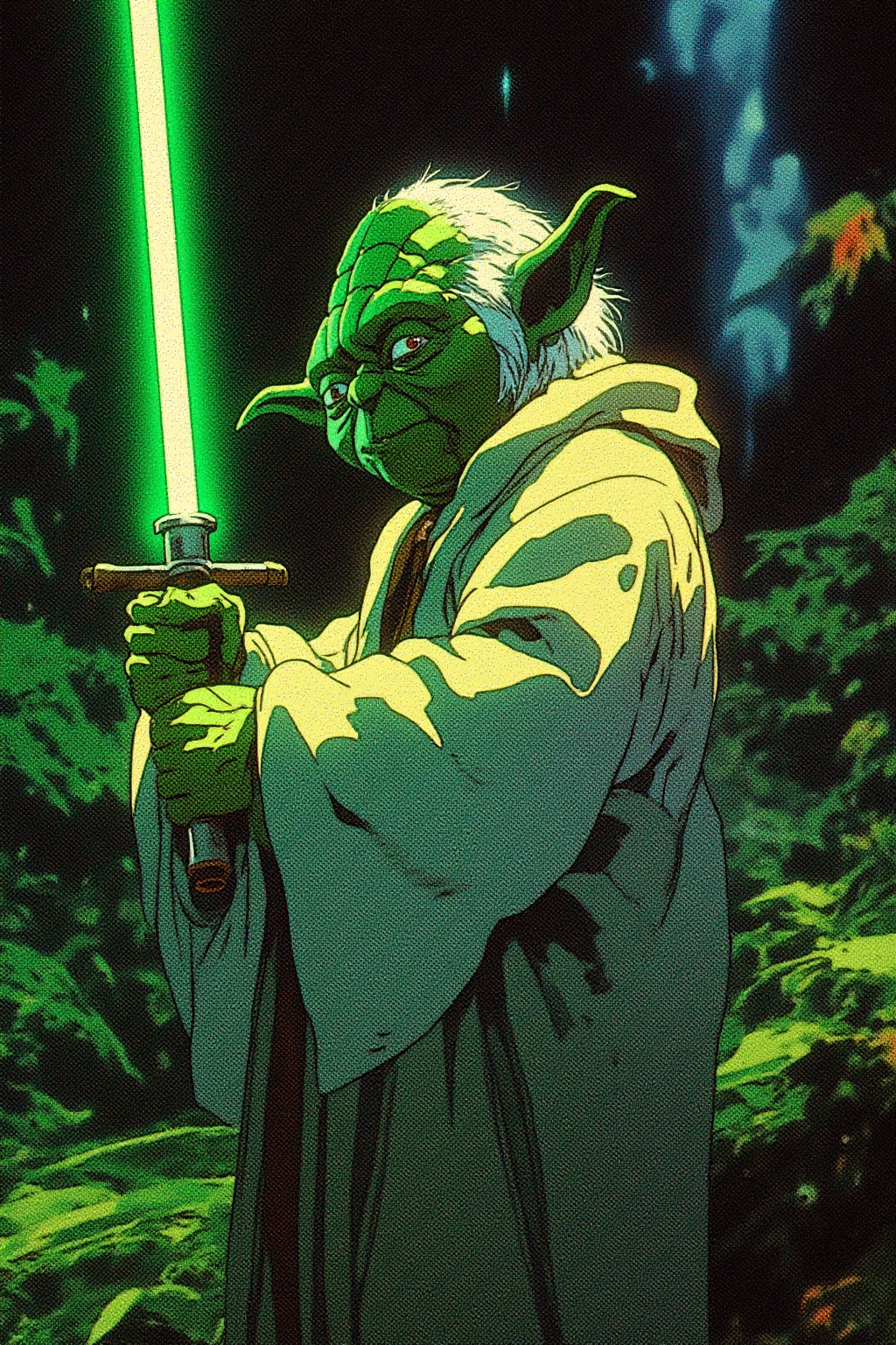 Yoda standing in a dark jungle with a green lightsaber in his hand, retro futuristic anime-inspired artstyle, futuristic, digital illustration, vivid, high contrast, cyberpunk, comic.

The color palette is dominated by greens, dark blues and teals, giving the image a cool, somewhat melancholic atmosphere. This illustration, likely inspired by cyberpunk or sci-fi aesthetics, captures a poignant moment of introspection and sorrow.