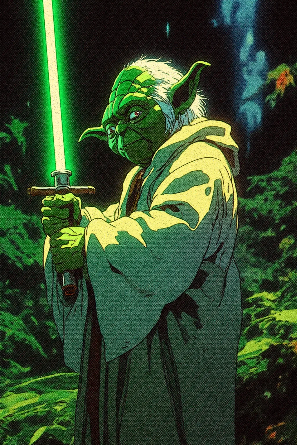 Yoda standing in a dark jungle with a green lightsaber in his hand, retro futuristic anime-inspired artstyle, futuristic, digital illustration, vivid, high contrast, cyberpunk, comic.
The color palette is dominated by greens, dark blues and teals, giving the image a cool, somewhat melancholic atmosphere. This illustration, likely inspired by cyberpunk or sci-fi aesthetics, captures a poignant moment of introspection and sorrow.