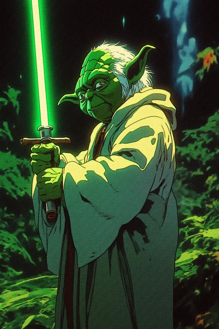 Yoda standing in a dark jungle with a green lightsaber in his hand, retro futuristic anime-inspired artstyle, futuristic, digital illustration, vivid, high contrast, cyberpunk, comic.
The color palette is dominated by greens, dark blues and teals, giving the image a cool, somewhat melancholic atmosphere. This illustration, likely inspired by cyberpunk or sci-fi aesthetics, captures a poignant moment of introspection and sorrow.