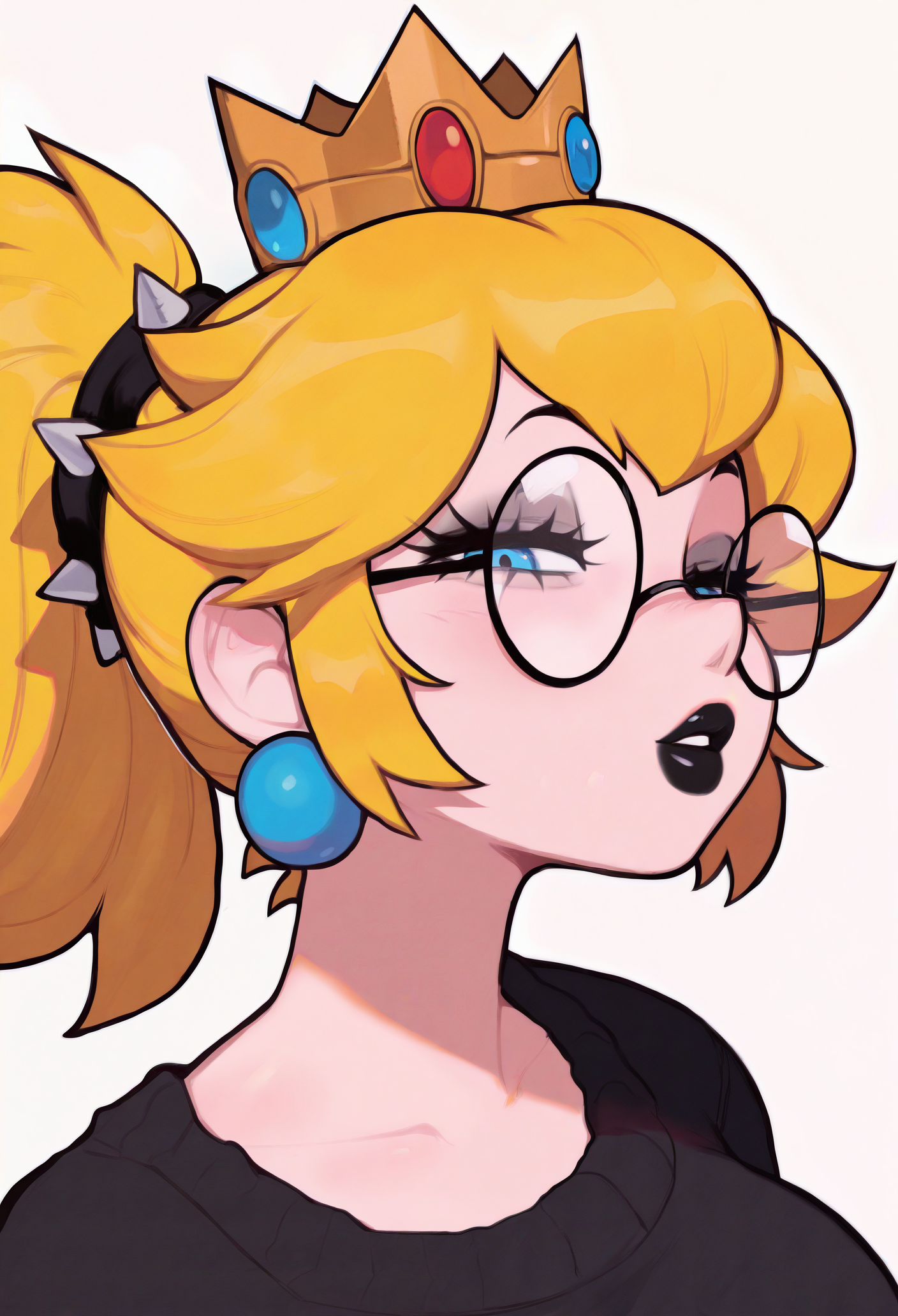 masterpiece, best quality, absurdres, very aesthetic, 1girl, solo, princess peach, portrait, ponytail, black lips, goth fashion, black sweater, round eyewear, parted lips, blonde hair, spiked hair tie, white background, crown